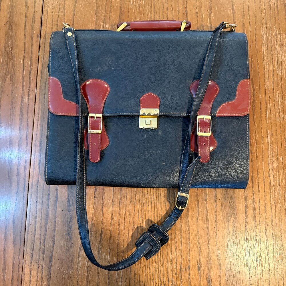 Vintage Champion Genuine Leather Briefcase Attache Laptop Bag Black Brown